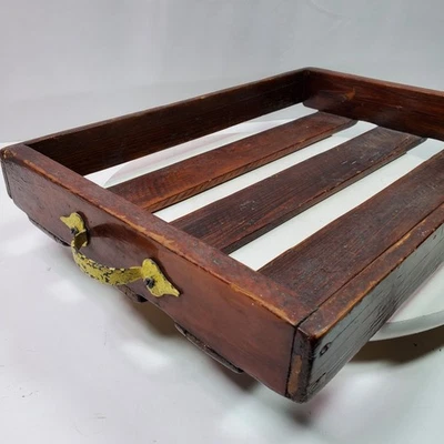 Vintage Farmhouse Serving Tray 18x12x2.5 Inch Wood Slats w/ Metal Handles - Image 1 of 4