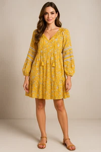 Old Navy Dress Women XL Butter Yellow Floral Boho Cottagecore Tiered Tunic - Picture 1 of 15