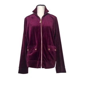 Lauren Ralph Lauren Burgundy Velour Jacket Full Zip Sweatshirt Women L Y2K Style - Picture 1 of 9
