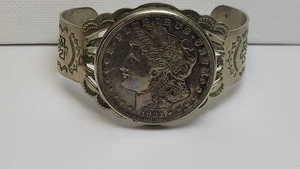 Vintage Native American .925 Sterling Silver & 1921 Morgan Dollar Cuff Bracelet - Picture 1 of 7