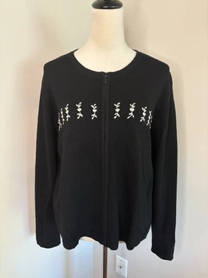 Винтажный Deane & белый кардиган свитер 100% шерсти мериноса черный вышитый молнии XL - Изображение 1 из 4