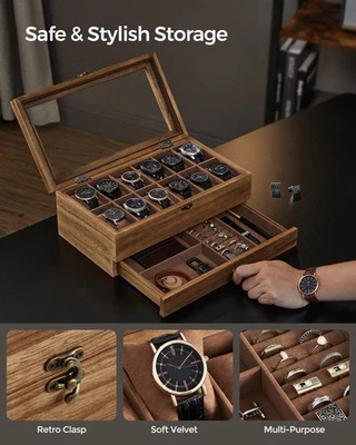 Caja de reloj de madera de 2 niveles de 12 ranuras con tapa de cristal, forro de terciopelo y almohadas de lujo Foto 1 de 4