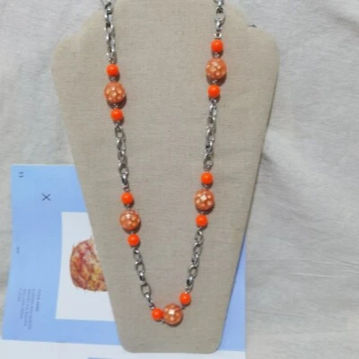 Banana Republic Neon Orange Crystal Ball silver Chain link  Necklace- 31" — 第 1/4 张图片