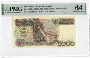 Indonesia 5000 Rupiah 1992 P130h PMG 64 Choice Uncirculated Solid Number 2 - Picture 1 of 2