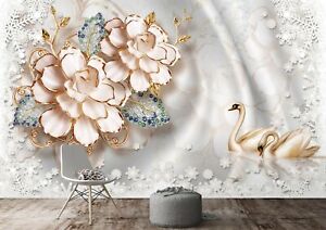 3D Blumenschwan 188NAM Geschäft Tapete Wandgemälde Selbstklebend Handel Amy
