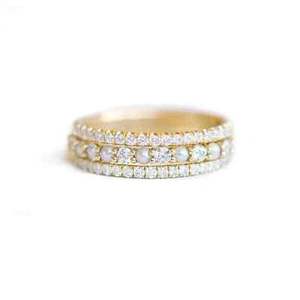 Women's Wedding Trio Set Ring Simulated Round Pearl With 14KYellow Gold Plated - Picture 1 of 6