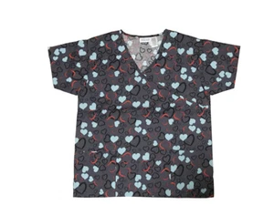 Life Line Womens Fashion Medical Nursing Scrub Tops Printed V-Neck Black Heart L - Picture 1 of 2