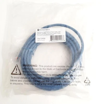 NEW MONOPRICE Cat6 13409 Patch Cable UTP 24 AWG 550MHz Blue 15 ft RJ45 Ethernet - Image 1 of 3