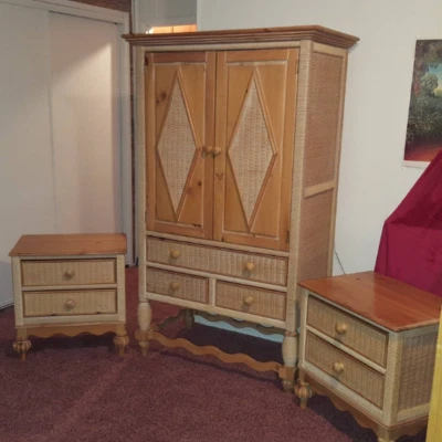 VTG Fabulous Henry Link Wicker Bedroom Furniture Set Armoire 2 Night Stands MCM - Image 1 of 4
