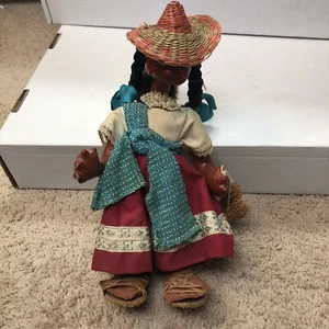 Vtg Hispanic Hand Made Painted Oil Cloth Folk Art Doll Girl With Baby On Back - Picture 1 of 12