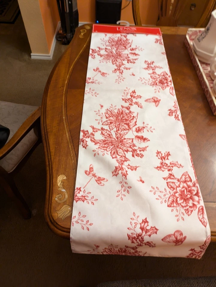 LENOX Christmas Poinsettia Toile Table Runner 14 X 90 Poinsettia NEW - Image 1 of 4