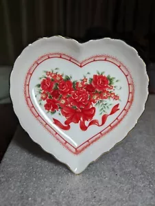 Trinket Tray Vintage Lefton China Heart 07559 Red Roses Floral Flowers Ribbons - Picture 1 of 11