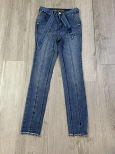 Joe's Jeans Girls Belted Raw‎ Hem Front Seam Skinny Faded Wash Blue Denim Sz 10 - Picture 1 of 6