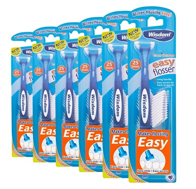6x Wisdom Clean Between EASY FLOSSER Handle & 25 Toothpick Floss Heads