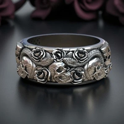 Men's Band Ring 925 Sterling Silver Skull Flower and Snakes Handmade Jewelry - Image 1 of 4