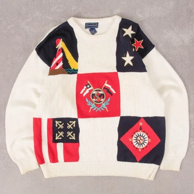 Vintage Embroidered Knitted Jumper L Cotton Men's White Patterned - Image 1 of 4