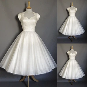 Elegant Wedding Dresses Short Ivory Vintage Ankle Length A Line Bridal Gowns - Picture 1 of 10
