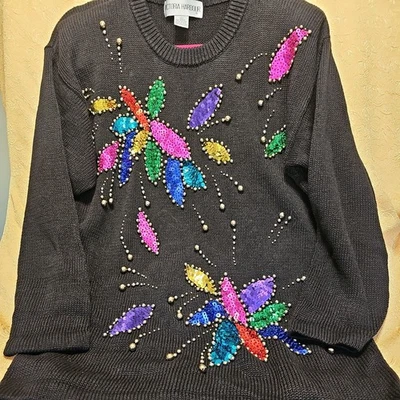 复古 90 年代维多利亚港毛衣 XL 黑色亮片花卉波西米亚艺术迪斯科 — 第 1/4 张图片