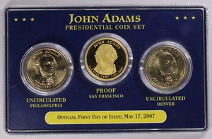2007 $1 John Adams Presidential Dollar 3-Coin Set First Day of Issue - Picture 1 of 8