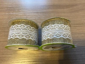 LOT OF 2 BURLAP JUTE RIBBON TRIM WITH WHITE LACE 2" WIDTH X 3 YARDS EACH - Picture 1 of 3