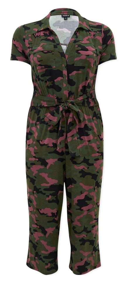 TORRID 00 Women's Olive Green Pink Camo Studio Soft Knit Culotte Jumpsuit EUC - Image 1 of 4