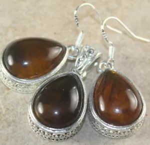 SILVER Vintage Style Amber Teardrop Pendant & Earrings Set - Picture 1 of 1
