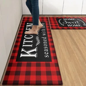 Anti-Fatigue Kitchen Rug Set of 2 Black Red Buffalo Plaid Cushioned Kitchen F... - Picture 1 of 6