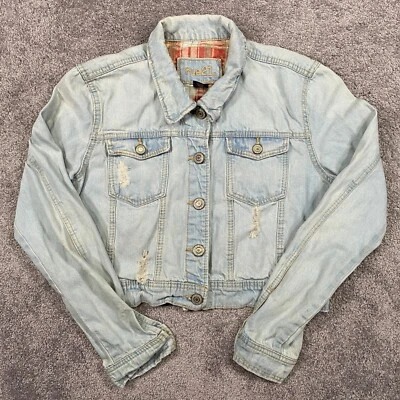 Chaqueta Denim Rue 21 Juniors XL Azul Recortada Desgarrada Desgastada Hipster Foto 1 de 4