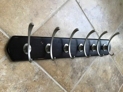 Distressed Dark Brown Wood Coat or Hat Rack Wall Mounted 6 Silver Metal Hooks - Image 1 of 4