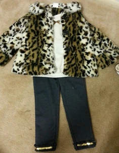 New Baby Girls LITTLE LASS Animal Leopard faux Fur 3 pc Set 24M - Picture 1 of 3