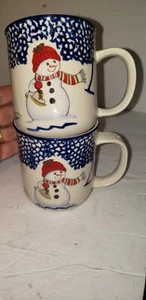 LOTE DE 2 TAZAS THOMSON POTTERY MUÑECO DE NIEVE TÉ CAFÉ CACAO ESPONJA AZUL BLANCA - Imagen 1 de 8