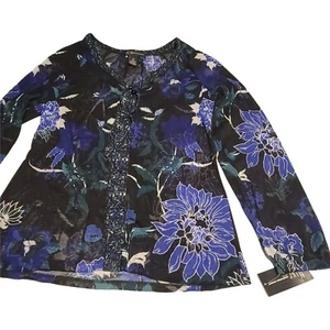 International Concept Womens Black Blue Floral Long Sleeve Blouse Top Size Small - Picture 1 of 7