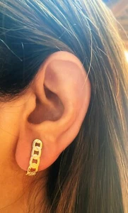 18K Gold Filled Small Gold Paper Link Half Hoop Stud Earrings, Gold Earrings - Picture 1 of 4