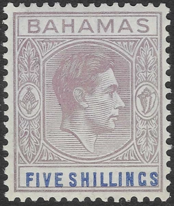 BAHAMAS 1938-52. 5/- LILAC AND BLUE (THICK PAPER) HMH.  SG. 156.      (D75) - Picture 1 of 2