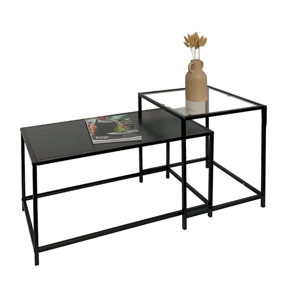 Set Of 2 Coffee Table Black Large Nesting Tables Side Table with Clear Glass Top - Image 1 of 4