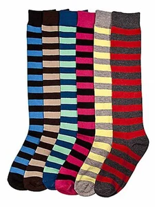 FUN STRIPED MULTICOLOR ASSORTED 6-PACK KNEE HIGH SOCKS - Picture 1 of 4