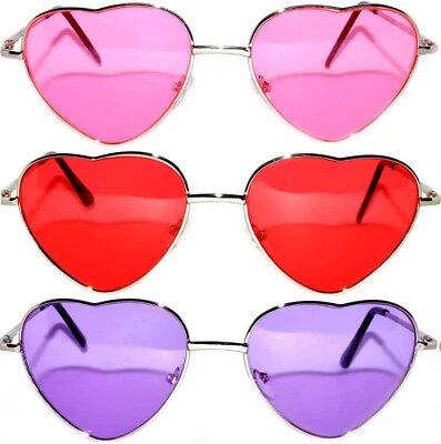 3 PAIRS HEART SHAPE SUNGLASSES SILVER METAL FRAME COLORED RED PINK PURPLE LENS - Image 1 of 4