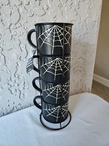 Halloween Spinnennetz Keramik Stapeltasse 4er Set mit Metallgestell NEU Neu mit Etikett 12oz - Bild 1 von 4