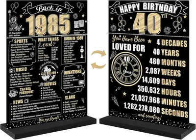 Placa de mesa decorações de aniversário de 40 anos em 1985 para homens mulheres, ouro preto Happ - Imagem 1 de 4