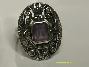 925 Sterling Silver Vintage purple alexandrite  Marcasite Ring size 7 - Picture 1 of 2