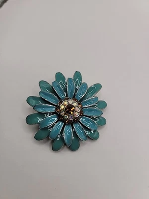 Vintage Brooch Pin Flower Layered Blue Enamel Crystals Jewelry Costume - Image 1 of 4