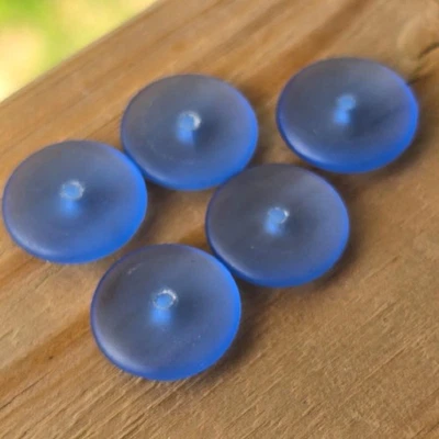 (5) Vintage German Glass Beads Frosted Matte Blue Rondelle Disk 17mm Diameter - Image 1 of 4