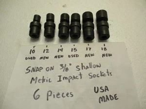 SNAP ON 3/8” DRIVE UNUSED & USED METRIC 6pt Shallow Impact Swivel Sockets 6 PCS - Picture 1 of 20