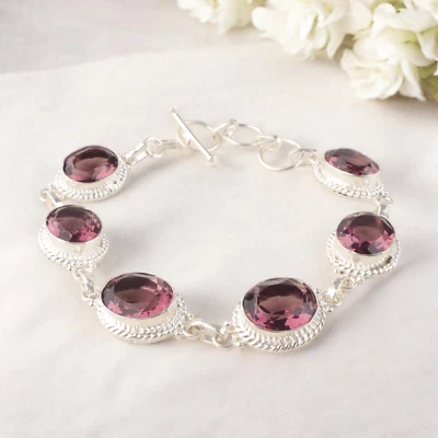 Pulsera hecha a mano de piedras preciosas de plata de ley 925 de rodolita natural joyería para niñas Foto 1 de 4