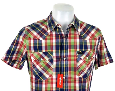 WRANGLER Mens Plaid S/S WESTERN SHIRT Extra Long Tails Snap - L - 15/16Yrs - 42" - Image 1 of 4