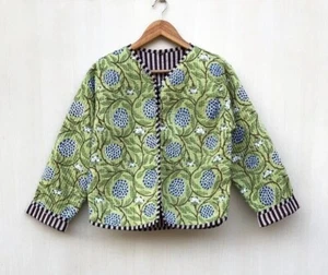 Indian Green Floral Quilted Cotton Jacket Handmade Jacket Women's Clothing US - Picture 1 of 5