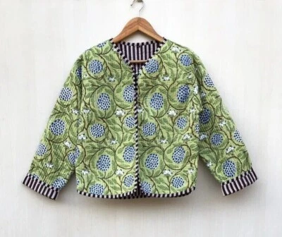 Indian Green Floral Quilted Cotton Jacket Handmade Jacket Women's Clothing US - Image 1 of 4