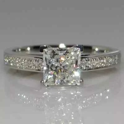 2 Ct Princess Cut Simulated Diamond Women's Engagement Ring 14K White Gold Over - Image 1 of 4