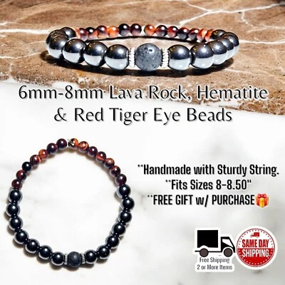 Lava Rock Hematite Red Tiger Eye Bracelet Wrist Sz 8-8.5" Hand Made + FREE GIFT  - Image 1 of 2