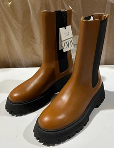 Zara Boots Sz 39 / 8 Brown Leather Lig Platform Chelsea Boots $149 Black Chunky - Picture 1 of 5